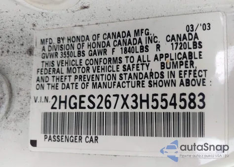 2003 Honda Civic Ex из США, поврежденный, VIN 2HGES267X3H554583